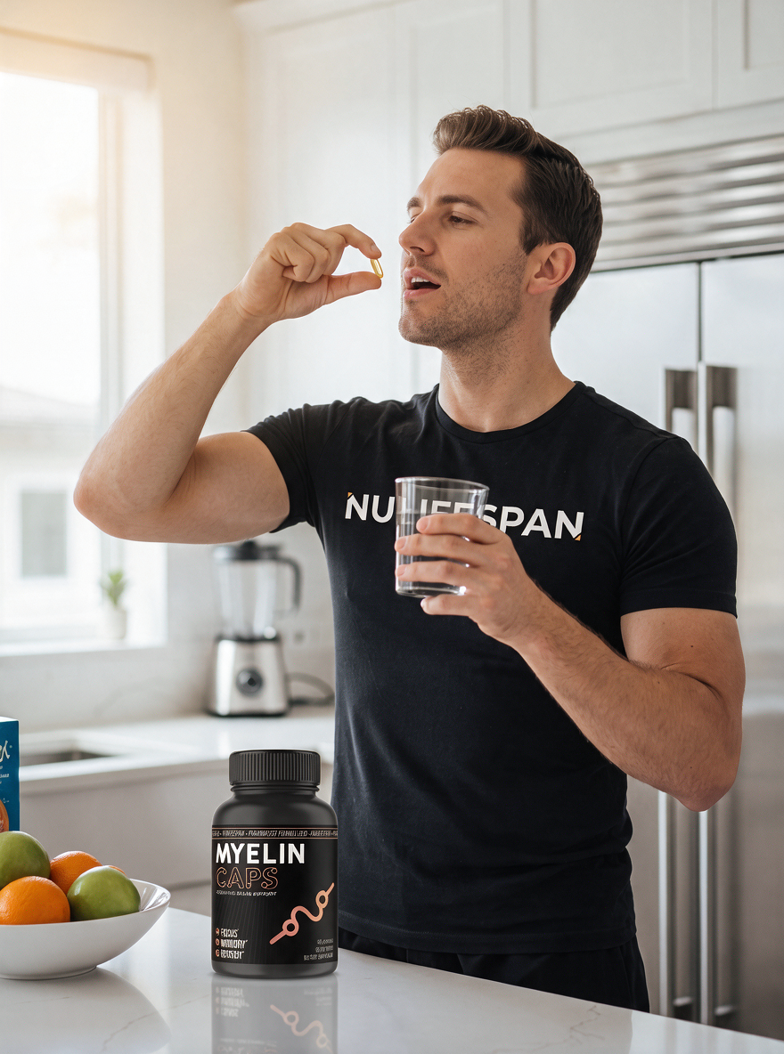 A NuLifeSpan customer taking a Myelin Caps capsule with a glass of water